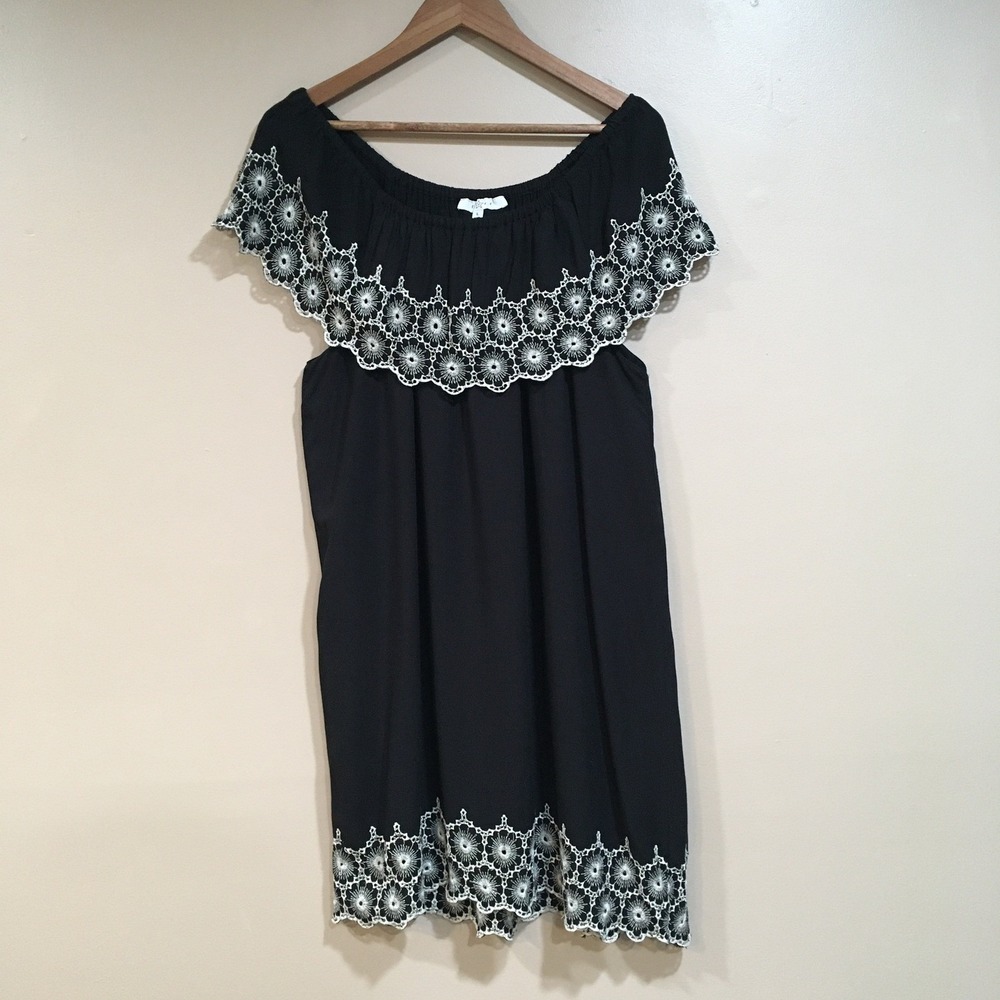 Floral Crochet Off Shoulder Mini Dress Womens L Black Boho Romantic Whimsigoth